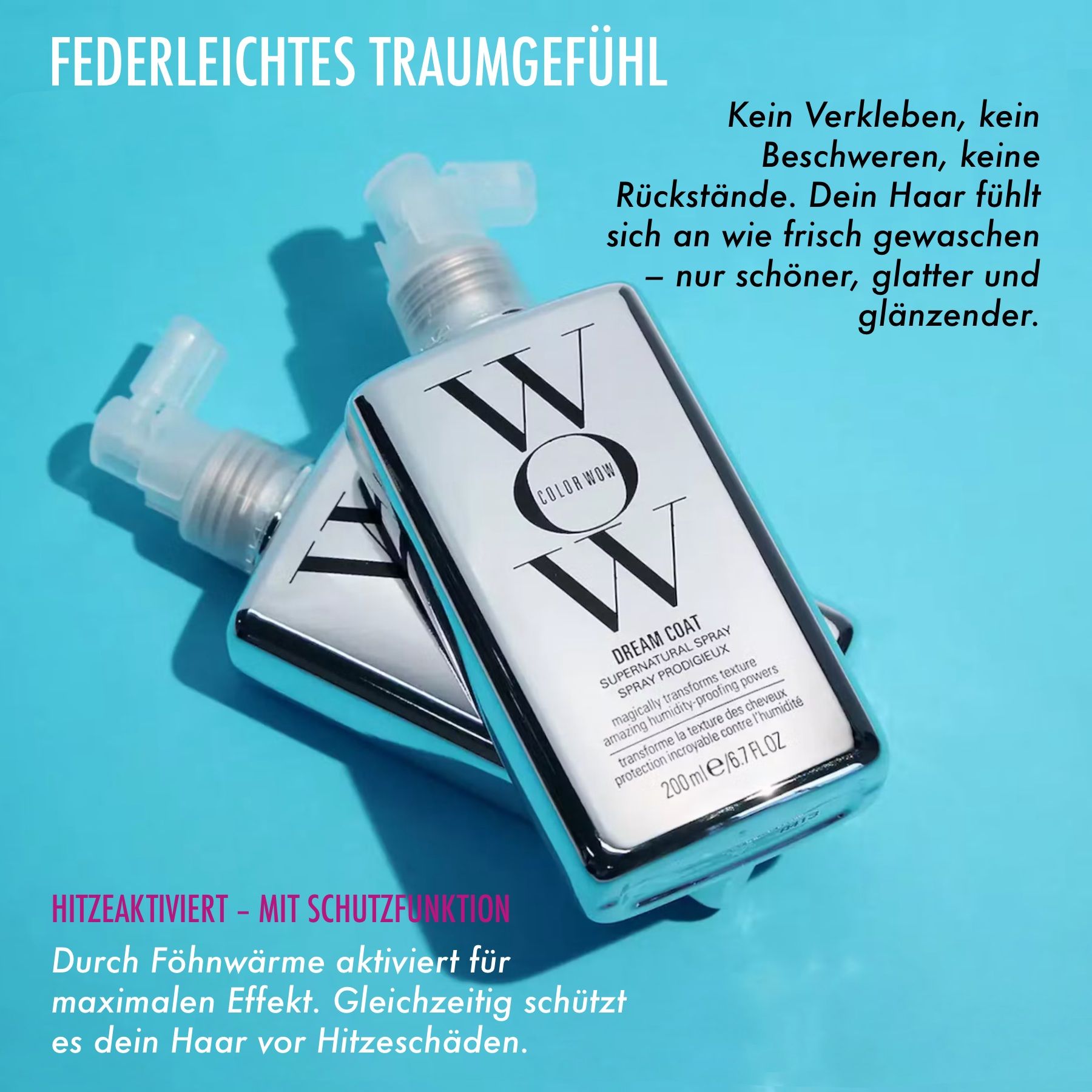 Due flaconi di spray COLOR WOW Dream Coat. Testo: Sensazione da sogno leggera. Testo: Protezione termica.