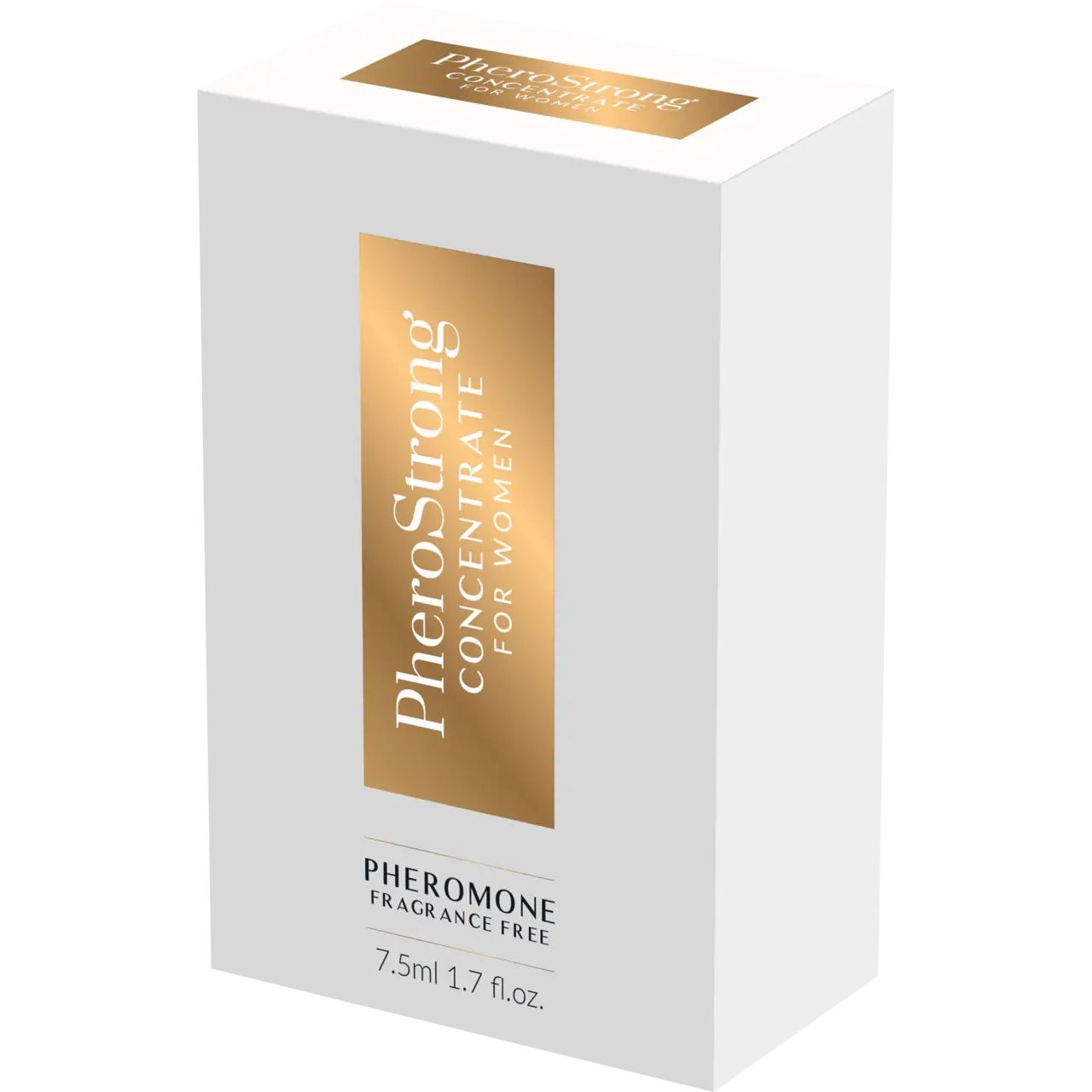 Confezione bianca con etichetta dorata. Scritta: PheroStrong Concentrate for Women, Fragrance Free, 7.5ml 1.7 fl.oz.