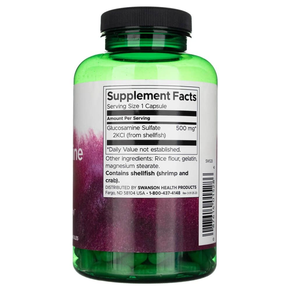 Capsula verde con etichetta 'Supplement Facts'. Contiene Glucosamina Solfato 500 mg. Contiene crostacei.