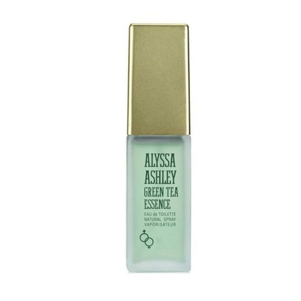 Alyssa Ashley Green Tea Essence Eau de Toilette Spray. Flacone verde con tappo dorato. Testo: Alyssa Ashley, Green Tea Essence.