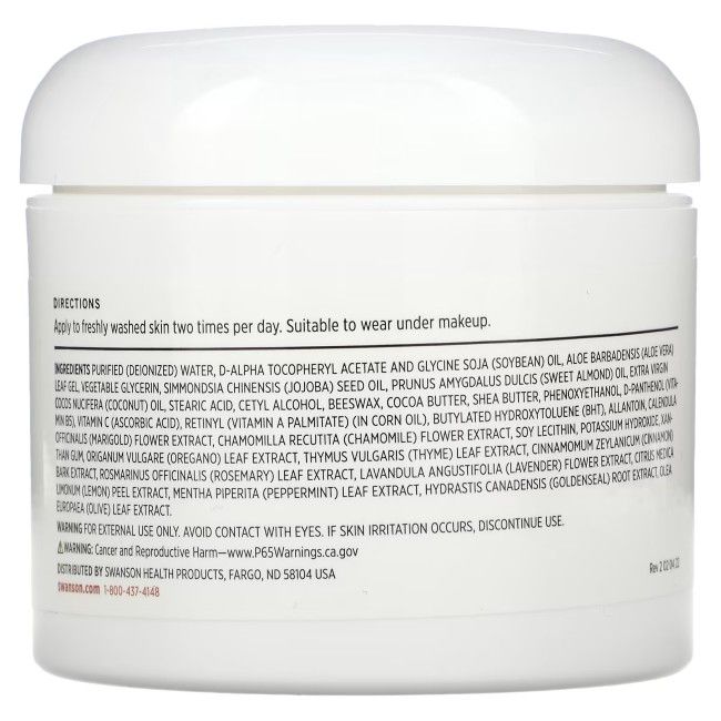 Vasetto bianco, retro. Testo: Istruzioni, ingredienti, avvertenze. Distribuito da Swanson Health Products. Contiene l'avvertenza California Proposition 65.