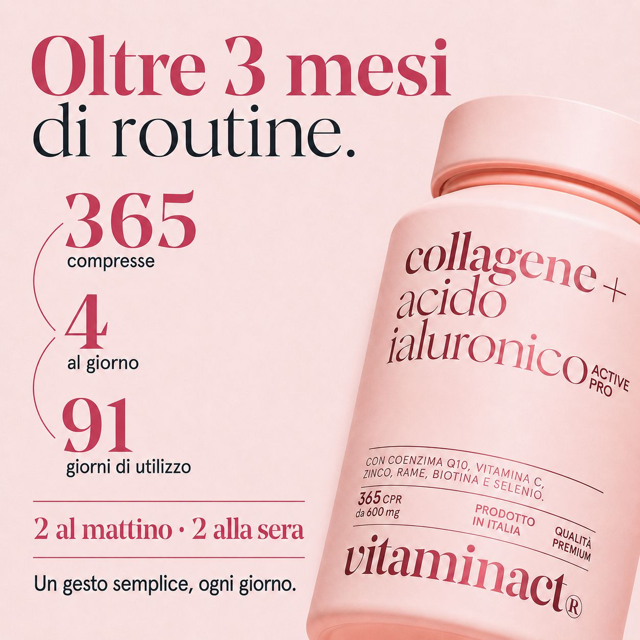 Flacone di integratori di collagene e acido ialuronico. Contiene 365 compresse.