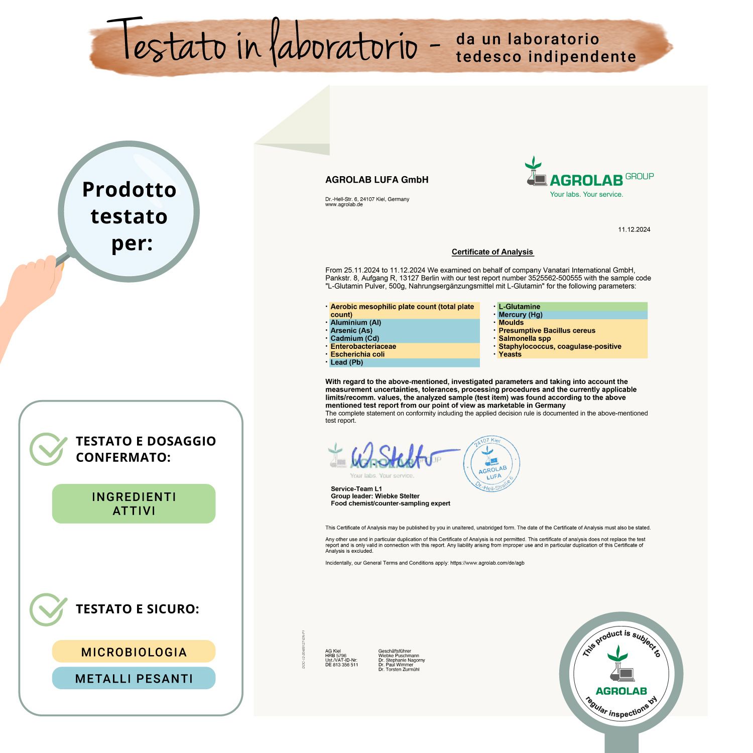 Rapporto di laboratorio. Certificato di Agrolab. Testato e confermato: Ingredienti attivi. Testato e sicuro: Microbiologia, metalli pesanti.