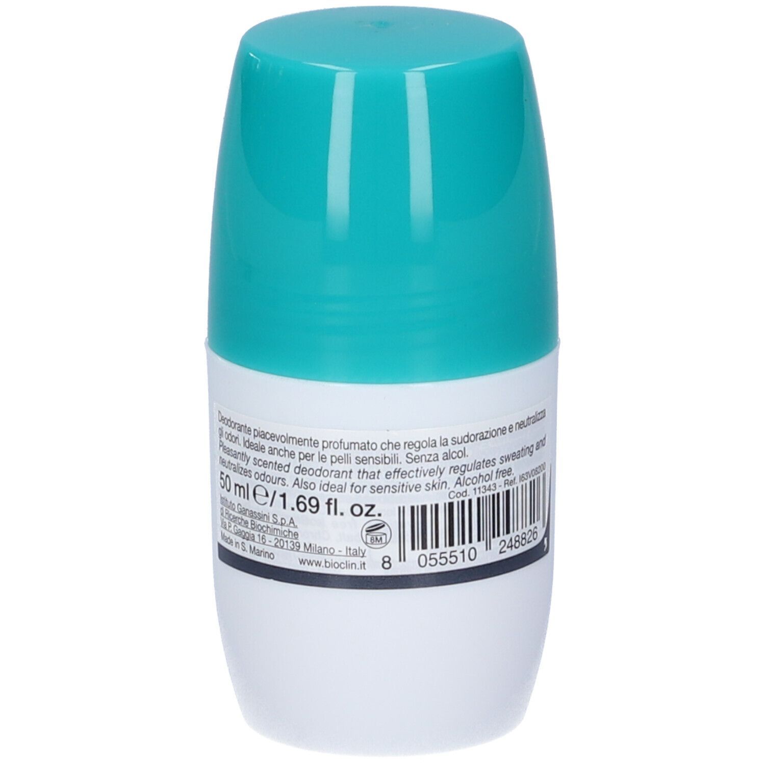 Un deodorante roll-on bianco con tappo turchese. Contiene 50 ml.