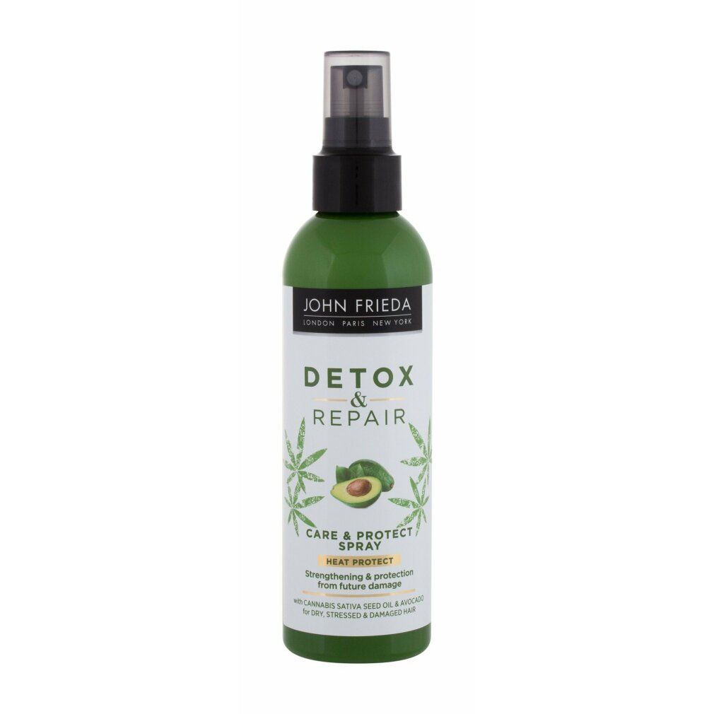 Flacone spray verde con erogatore nero. Scritta: John Frieda, Detox & Repair, Care & Protect Spray. Con olio di semi di Cannabis Sativa.
