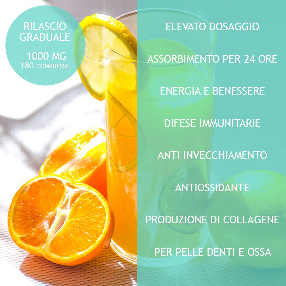 Bicchiere di succo d'arancia e fetta di limone. Accanto, arance. Testo: Rilascio Graduale, 1000 MG, 180 compresse.