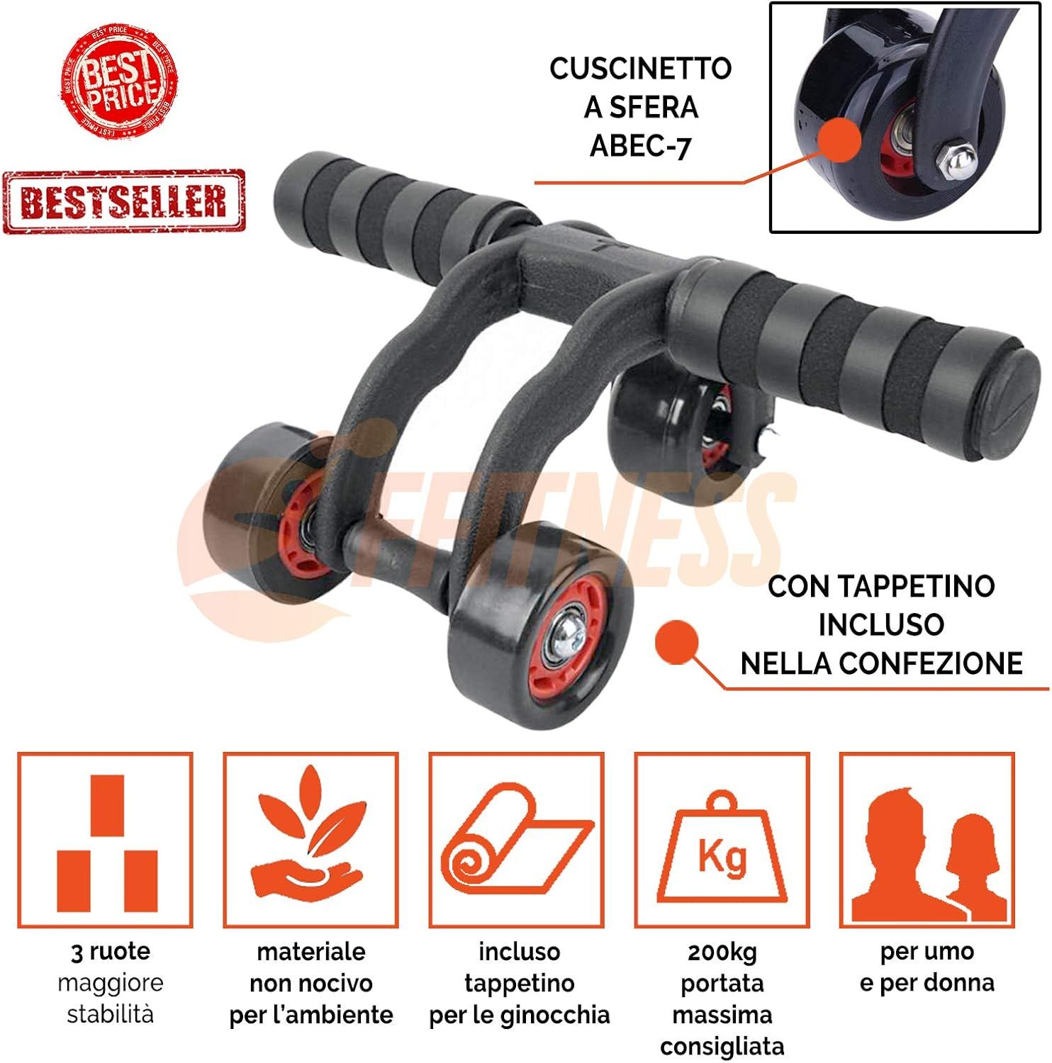 Ruota fitness con tre ruote. Design nero con dettagli rossi. Tappetino per ginocchia incluso. Testo: 'BESTSELLER'.