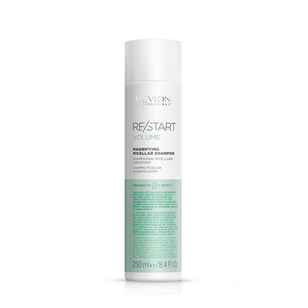 Flacone di shampoo bianco e verde. Scritta: Revlon, Re/Start Volume, Magnifying Micellar Shampoo. 250ml.