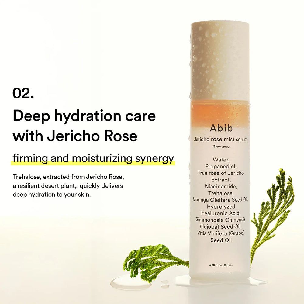Flacone Abib Jericho Rose Mist Serum con pianta di rosa di Gerico e testo sulla cura idratante.