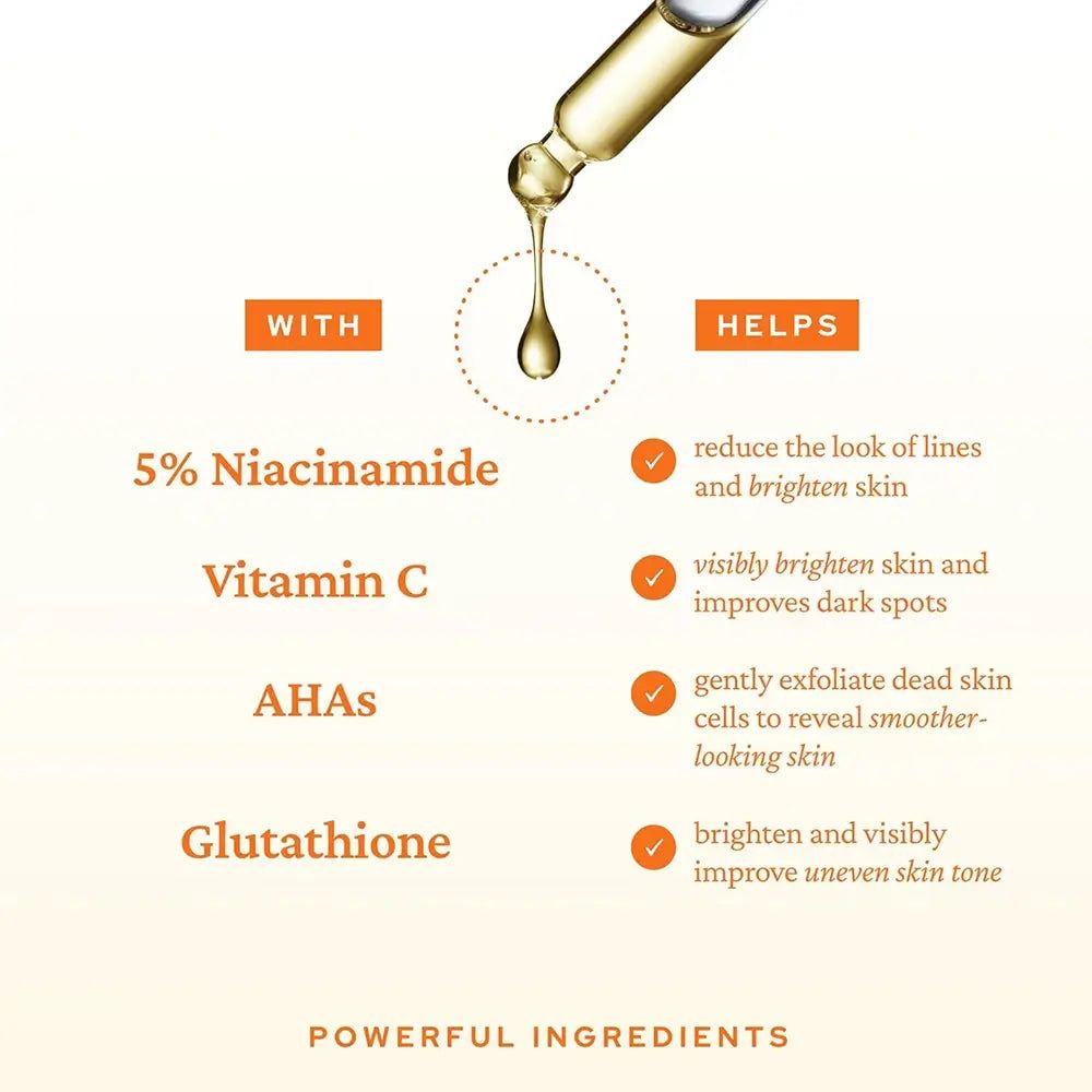 Ingredienti: Niacinamide, Vitamina C, AHA, Glutatione.