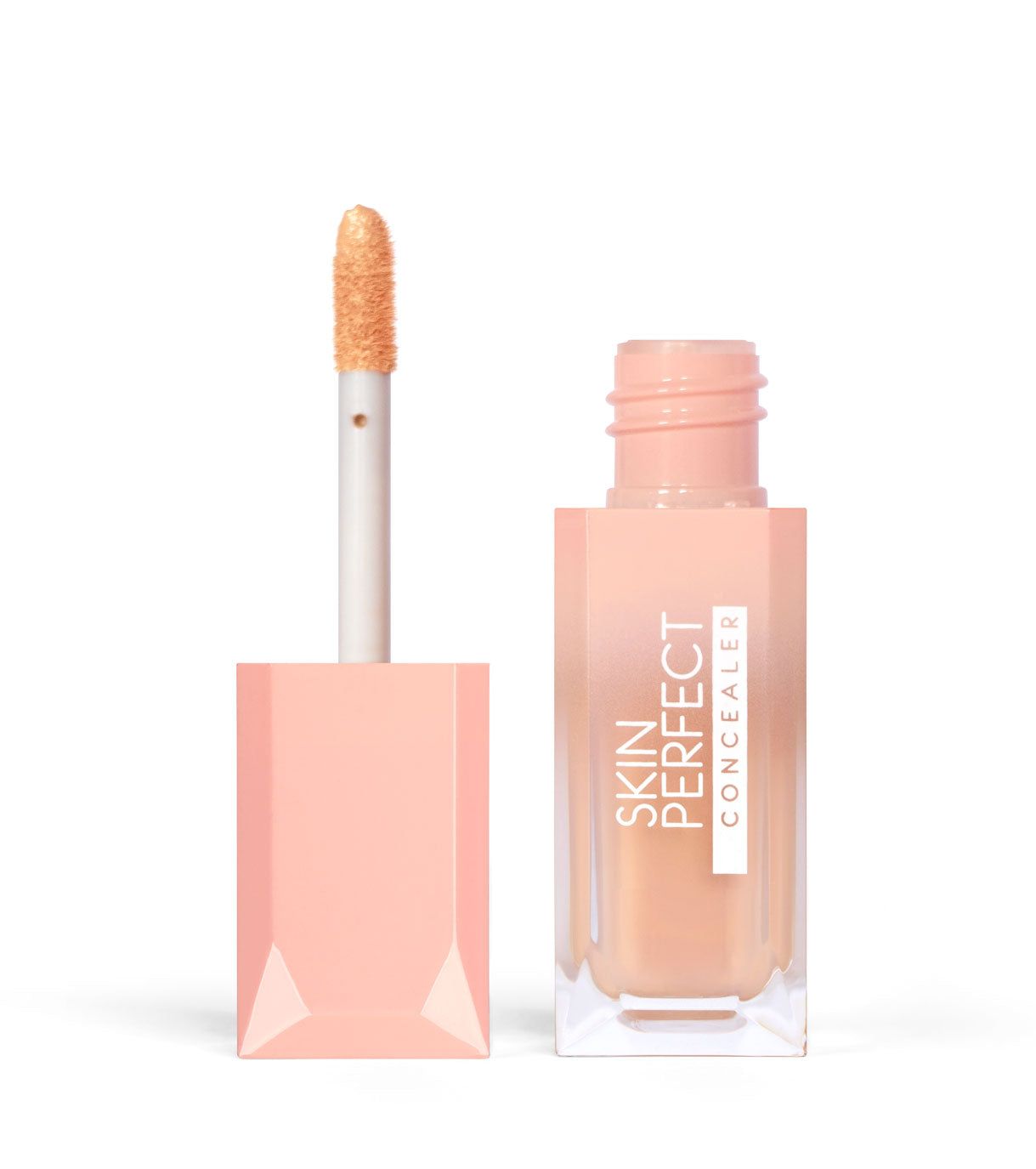 Un correttore liquido in un flacone trasparente con applicatore e tappo color pesca. Testo: SKIN PERFECT CONCEALER.
