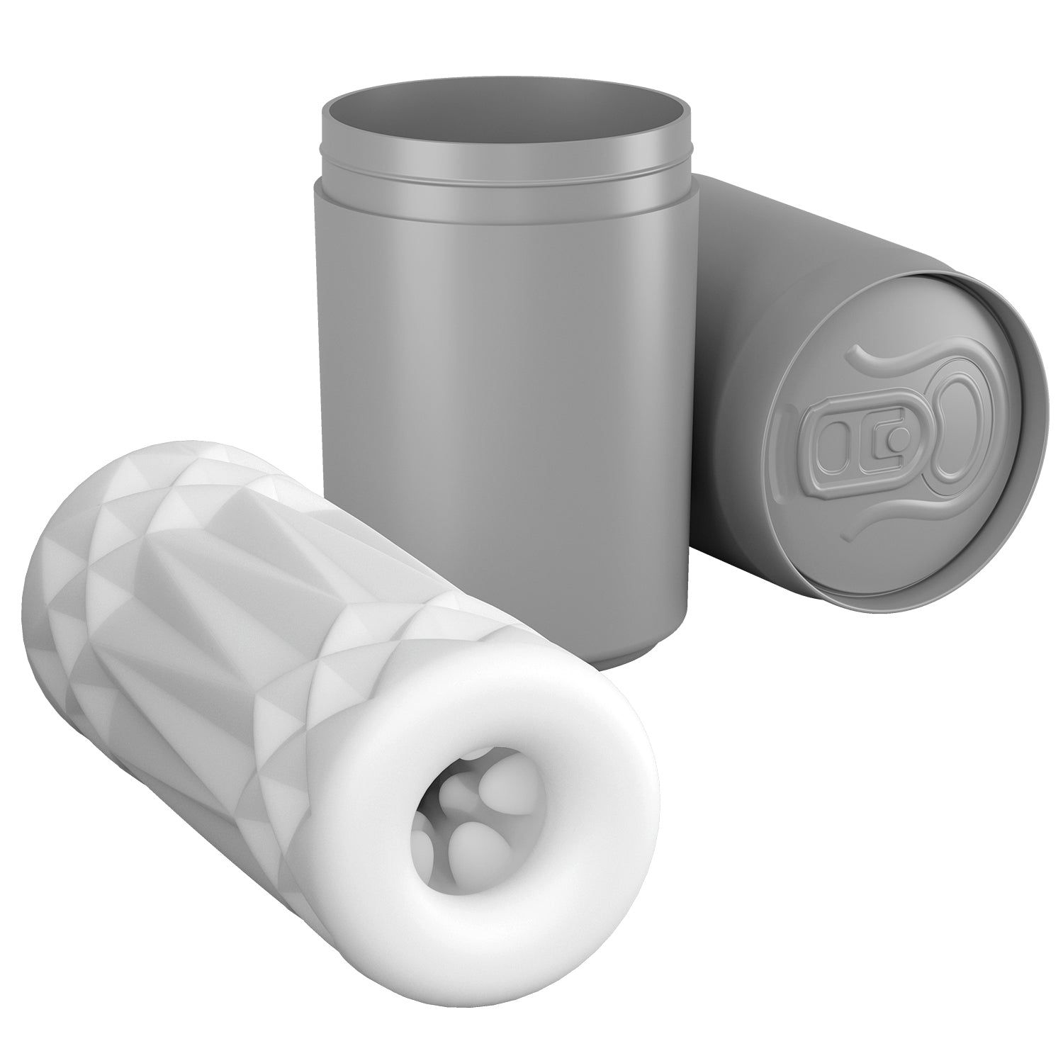 Prodotto cilindrico bianco con superficie geometrica, accanto a lattina e contenitore. Superficie geometrica.