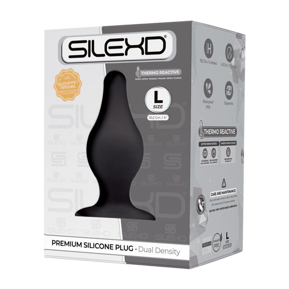 Confezione con plug in silicone nero. Marchio SILEXD, taglia L. Testo: Premium Silicone Plug, Dual Density.