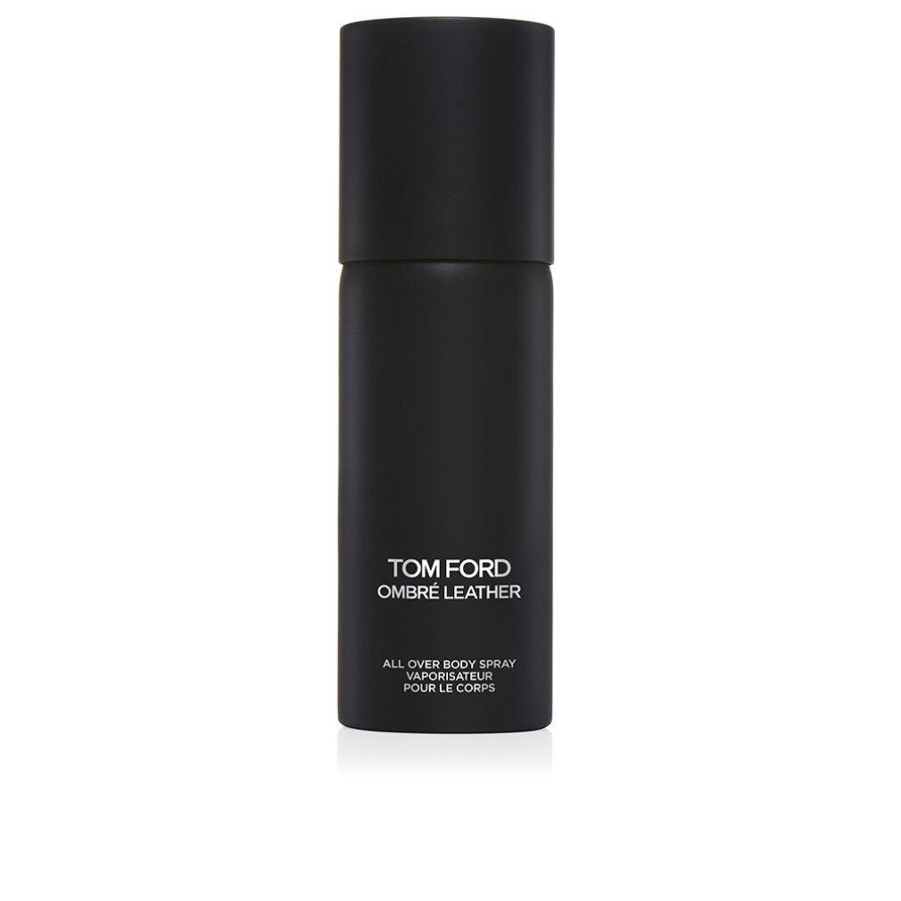 Flacone nero con tappo nero. Scritta: TOM FORD Ombré Leather, All Over Body Spray.