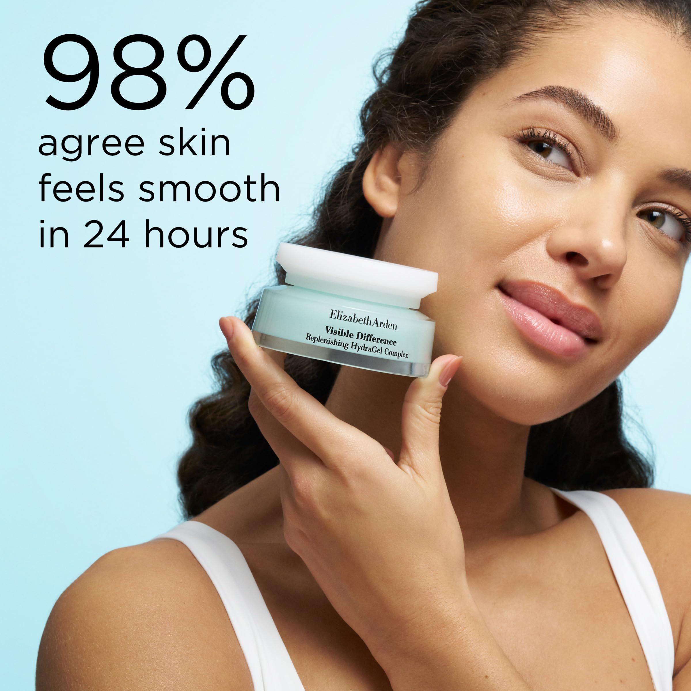 Una donna tiene il gel Elizabeth Arden Visible Difference, il 98% conferma pelle liscia in 24 ore.