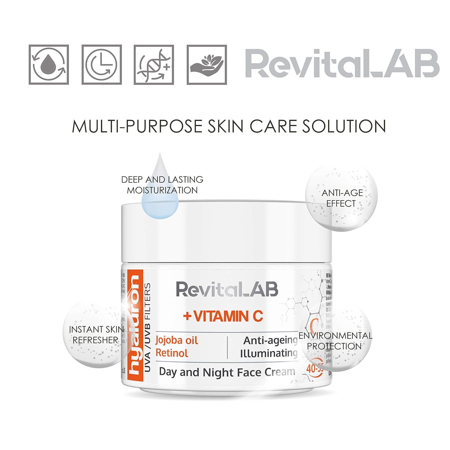 Vasetto di crema con informazioni e loghi. Testo: RevitaLAB, Hyaluron, Vitamina C, Day and Night Face Cream.