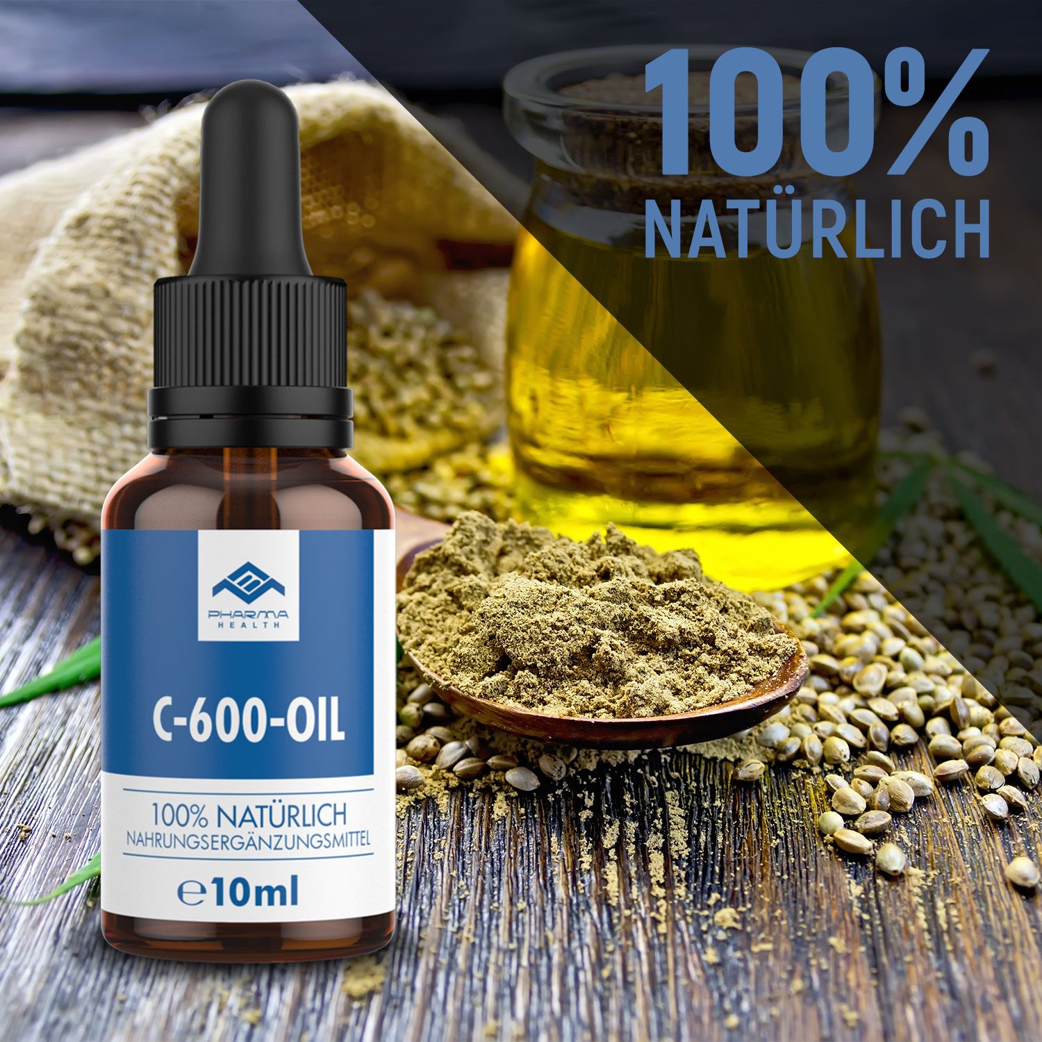 Flacone marrone con contagocce, accanto semi di canapa, olio e canapa. Scritta C-600-OIL, 100% NATURALE. Sfondo: canapa e olio.