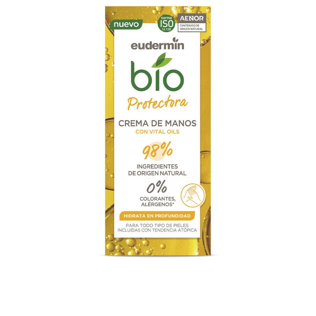 Tubo giallo Eudermin Bio Crema Mani. Contiene il 98% di ingredienti naturali. Certificazione Aenor. Scritta verde.
