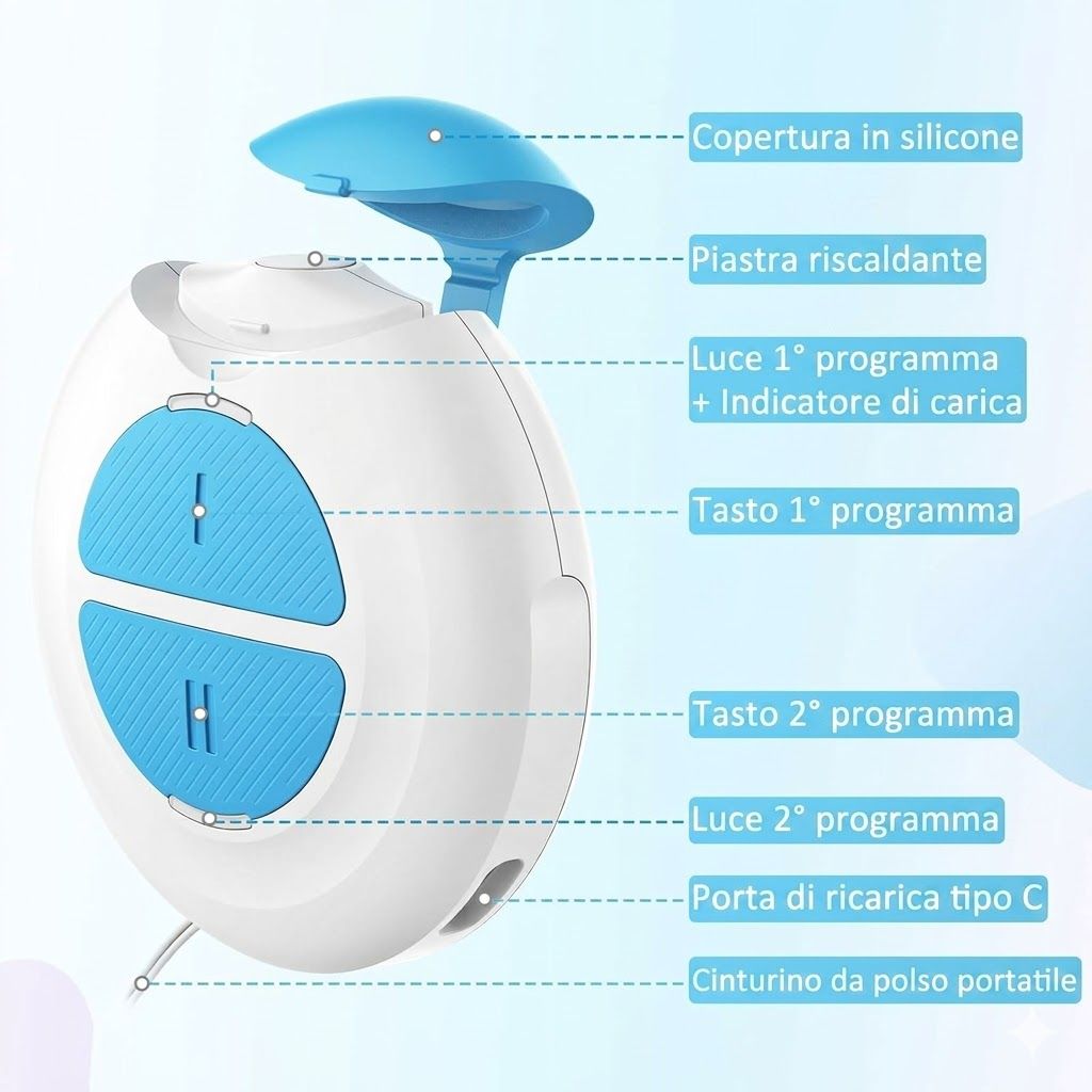 Dispositivo con due pulsanti blu. Etichettatura: copertura in silicone, piastra riscaldante, pulsanti, porta di ricarica.