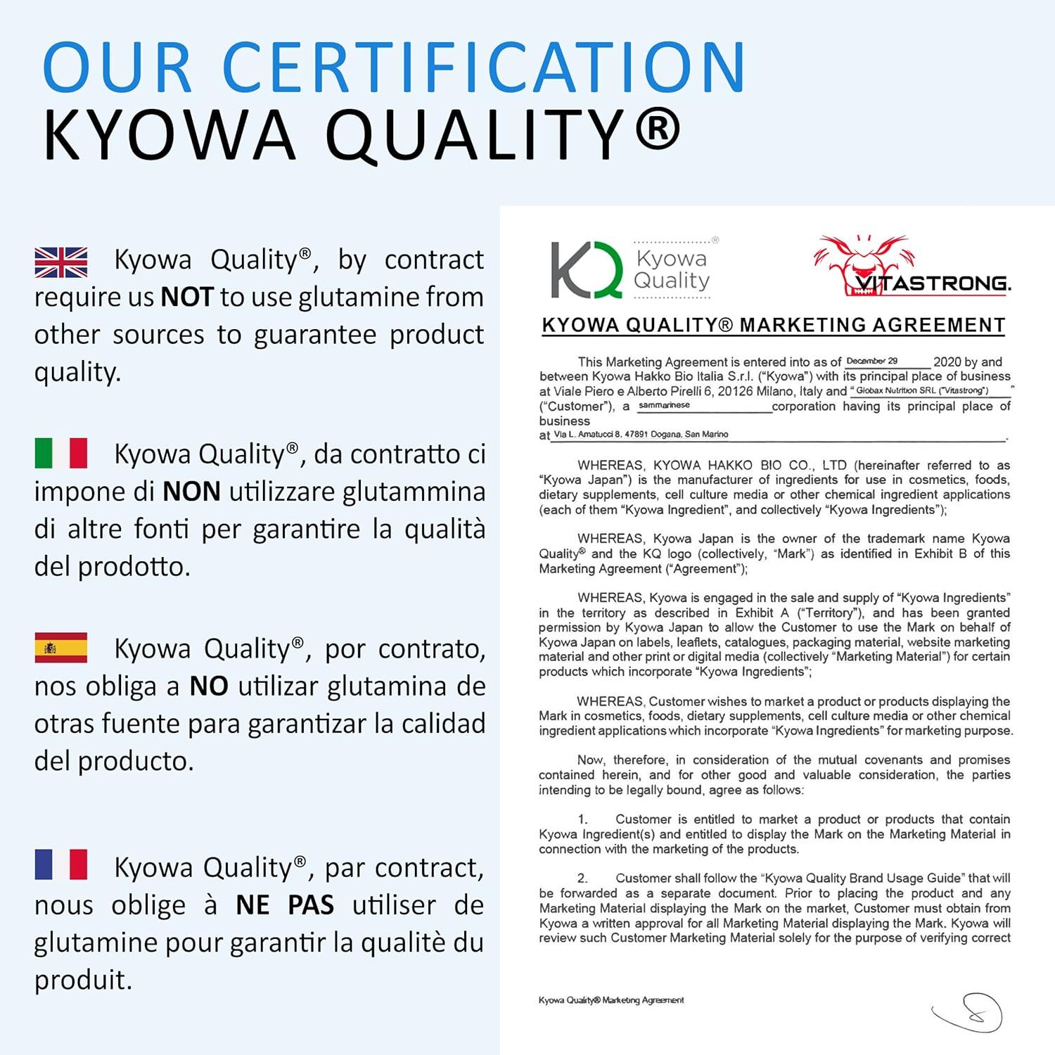 Documento di certificazione. Kyowa Quality® garantisce la qualità. Testo in inglese, italiano, spagnolo e francese.