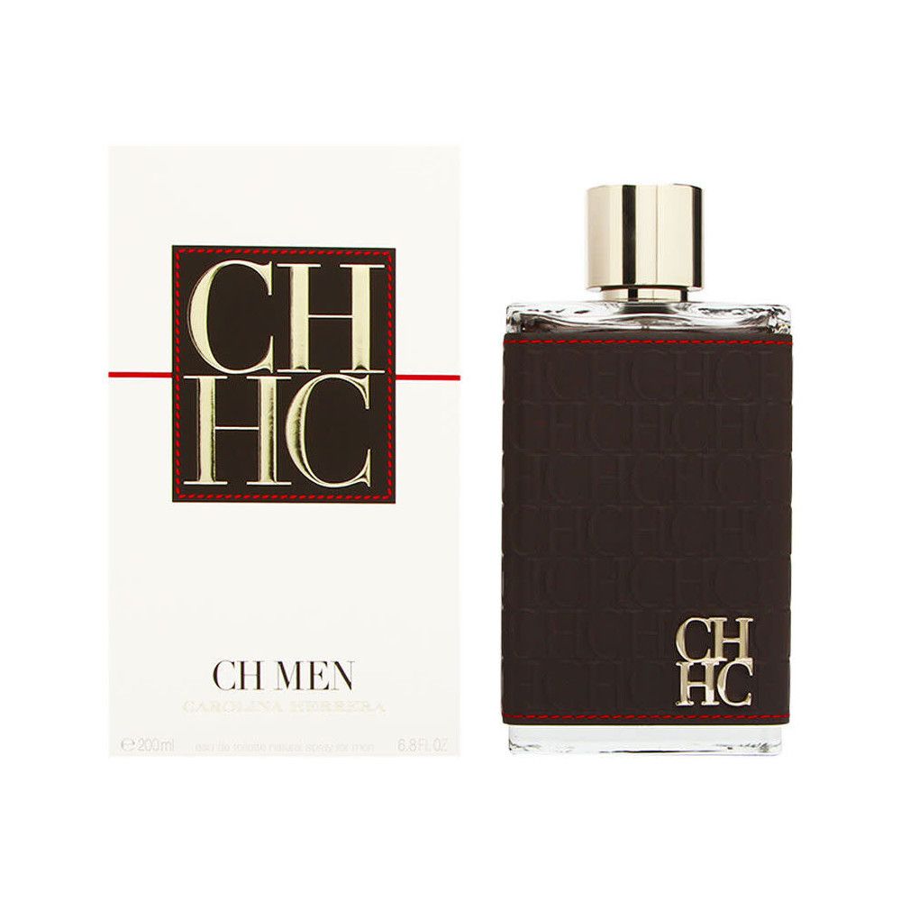 Flacone e confezione di CH Men Eau de Toilette. Pelle nera, tappo dorato, scritta CH. Confezione bianca con logo.