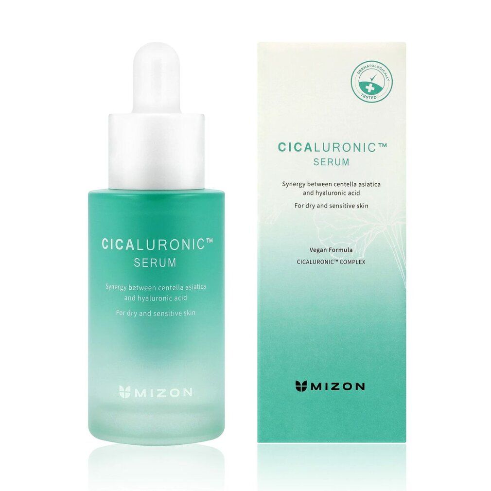 Flacone di siero verde con tappo bianco e scatola. Scritta: Cicaluronic Serum. Marchio: Mizon.