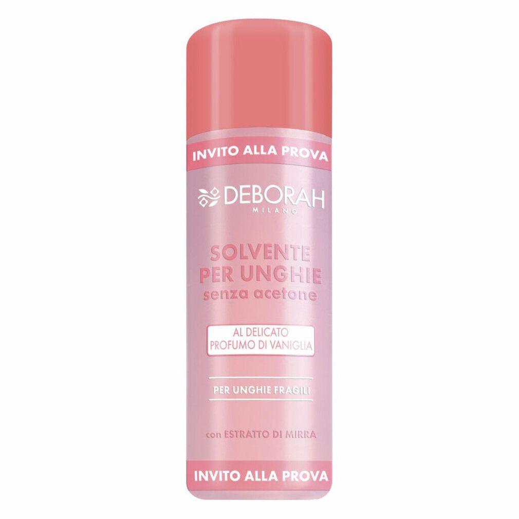 Flacone rosa con tappo rosa. Scritta: Deborah, Solvente per unghie senza acetone. Profumo vaniglia. Per unghie fragili.