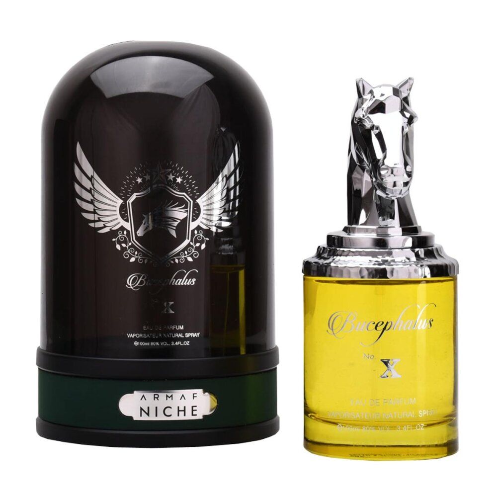 Flacone di profumo con testa di cavallo. Confezione nera con logo e testo. Eau de Parfum Spray.