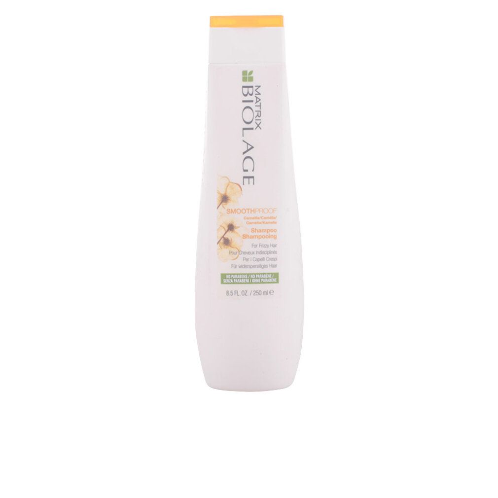 Shampoo bianco con tappo giallo. Scritta Biolage, SmoothProof, per capelli ribelli. 250 ml.