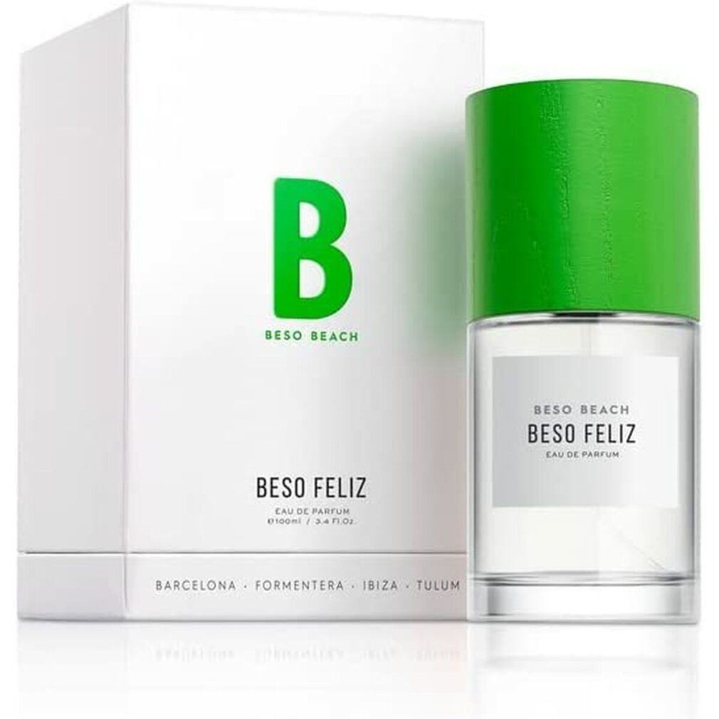 Flacone di profumo e confezione. Scatola bianca con logo "B" verde. Flacone con tappo verde ed etichetta.