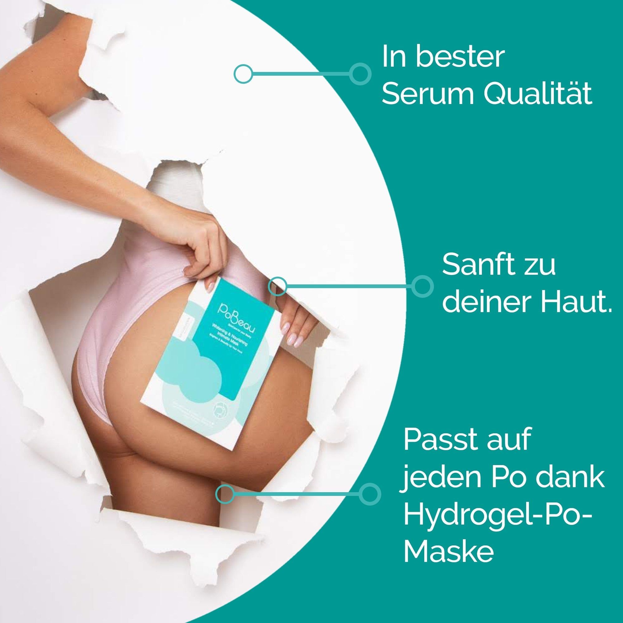 Persona che tiene la maschera Pobeau. Testo: Nella migliore qualità del siero, Delicato sulla tua pelle, Si adatta a ogni sedere grazie alla maschera idrogel. Sfondo: carta strappata.
