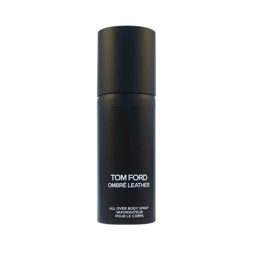 Flacone spray nero con testo: TOM FORD OMBRÉ LEATHER. ALL OVER BODY SPRAY. VAPORISATEUR POUR LE CORPS.