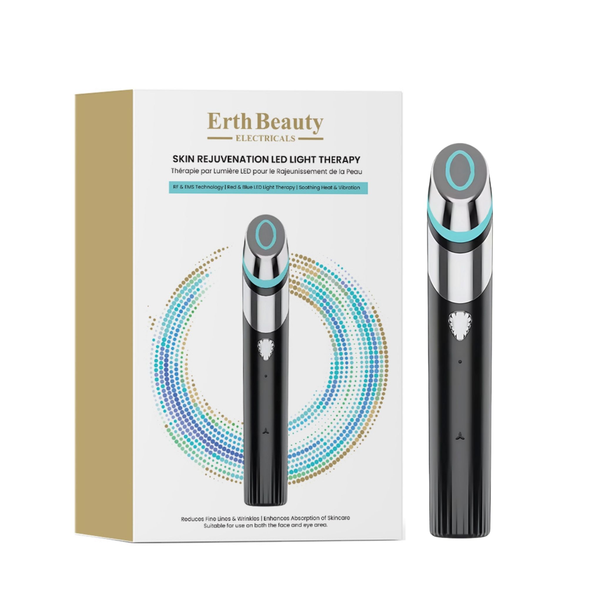 Dispositivo e confezione per la terapia della luce LED Erth Beauty. Dispositivo nero con luce blu. Testo: Skin Rejuvenation LED Light Therapy.