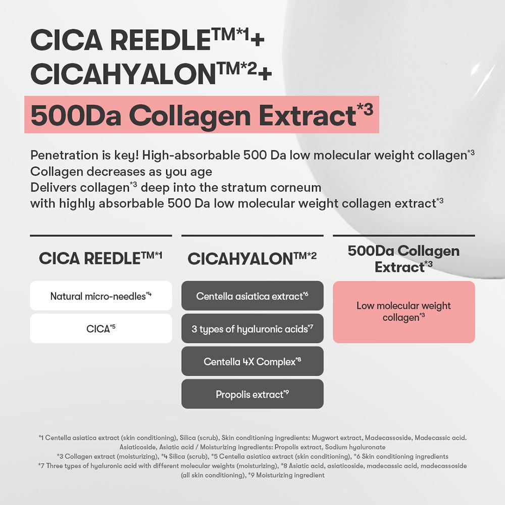 Infografica con testo. Cica Reedle, CicaHyalon, Estratto di collagene 500Da. Ingredienti e loro effetti. Testo in inglese.