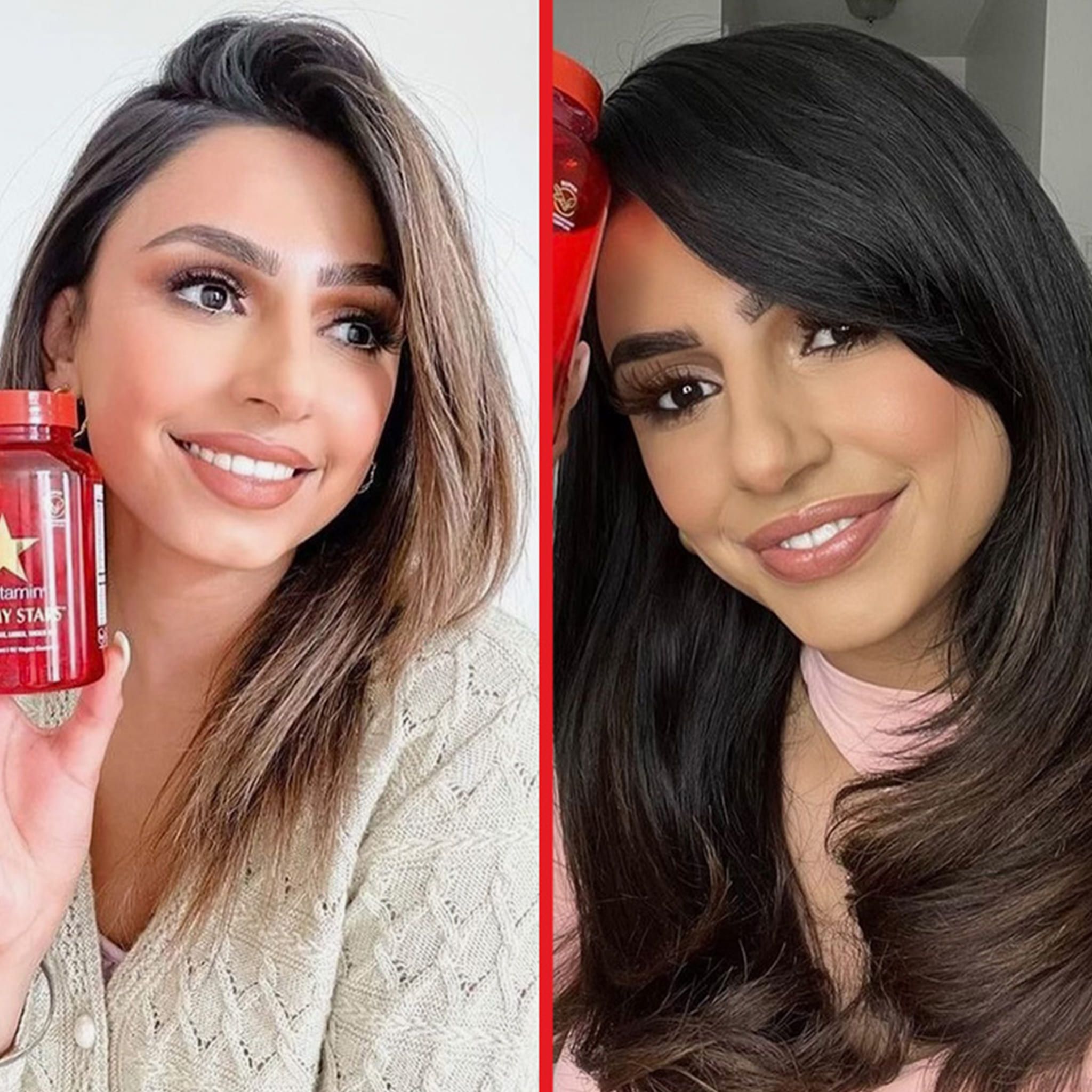 Due donne tengono bottiglie di HAIRtamin Gummy Stars. Una con capelli castano chiaro, l'altra con capelli scuri.