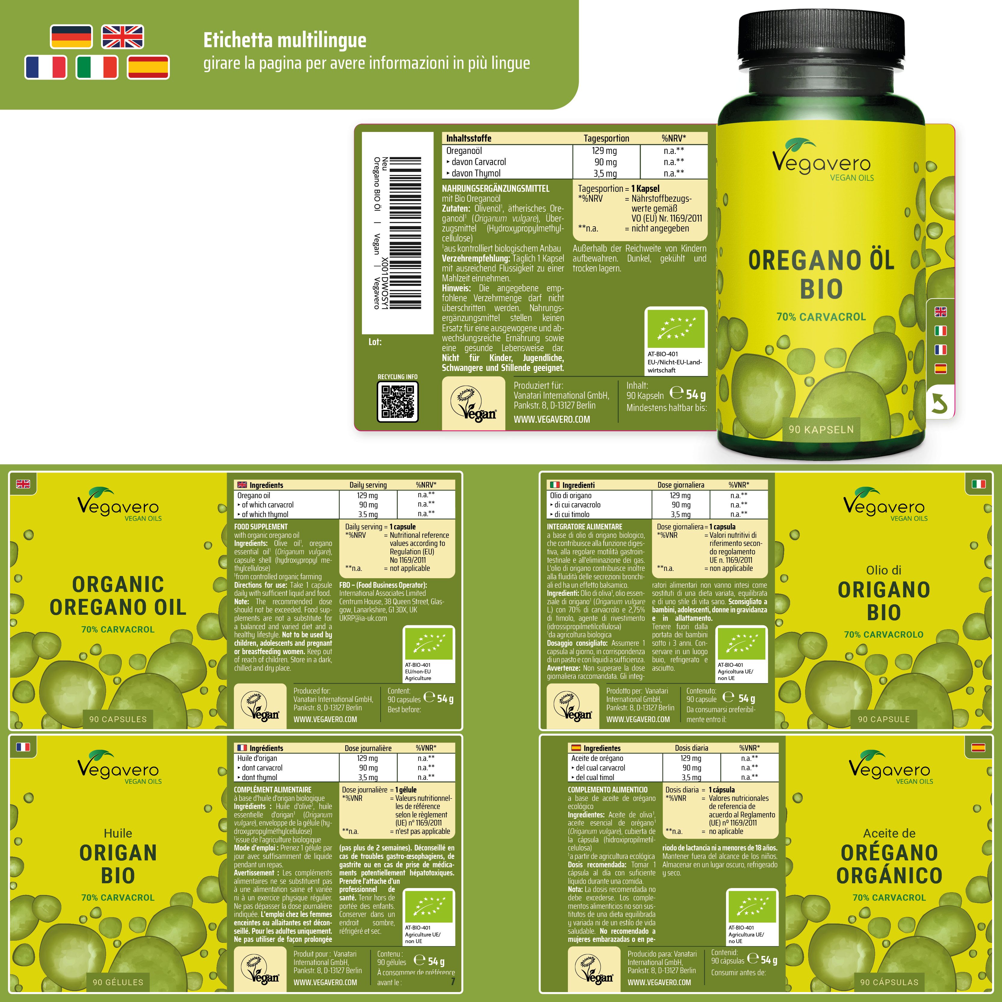 Etichetta multilingue con informazioni in più lingue. Contiene informazioni sul prodotto e valori nutrizionali.