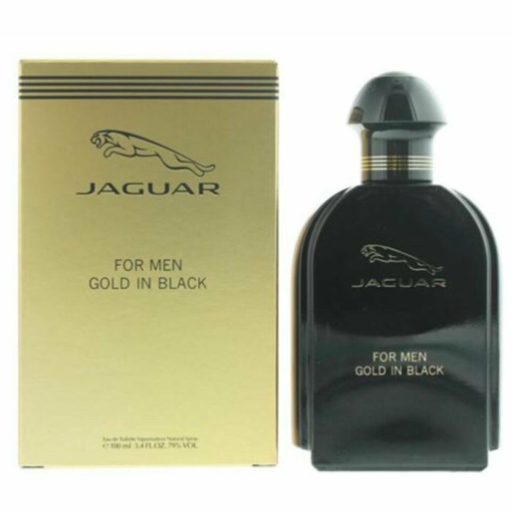 Flacone nero e confezione dorata. Scritta: Jaguar For Men Gold in Black. Logo: giaguaro che salta.
