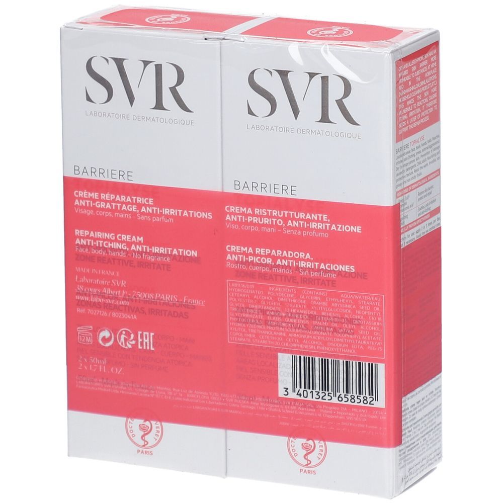 Retro confezione doppia SVR Barriere Topialyse. Testo multilingue. Informazioni prodotto e codice a barre. Confezione bianca e rossa.