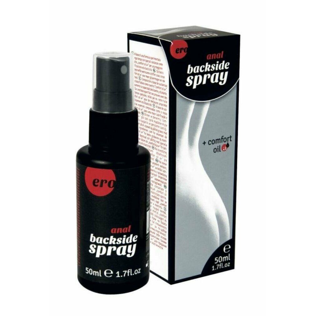Flacone spray nero Ero Anal Backside Spray, 50ml. Accanto, la confezione con illustrazione del fondoschiena.