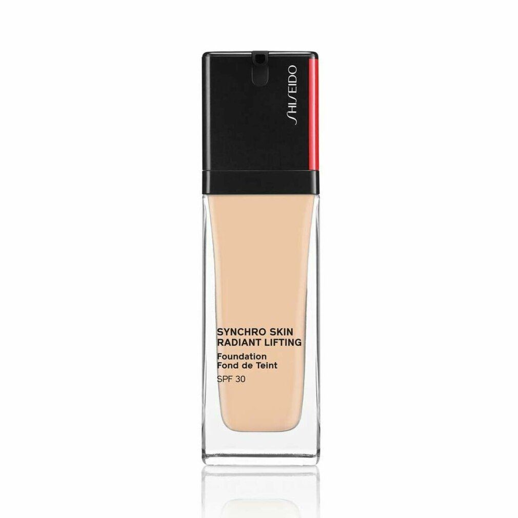 Shiseido Synchro Skin Radiant Lifting Foundation 220 Linen. Flacone rettangolare in vetro con tappo nero. Testo e SPF 30.