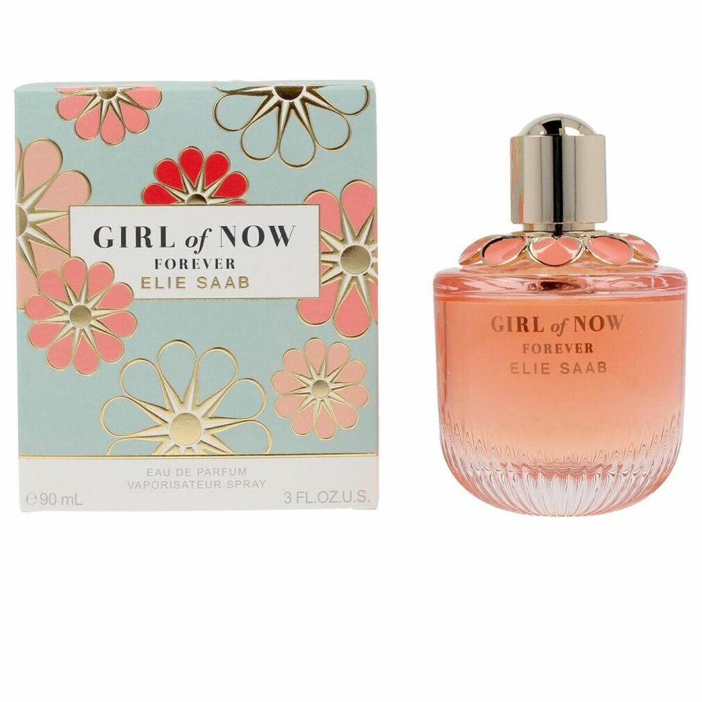 Flacone di profumo e scatola. Flacone con liquido rosa, tappo dorato. Scatola con motivo floreale. Scritta: GIRL OF NOW FOREVER ELIE SAAB.