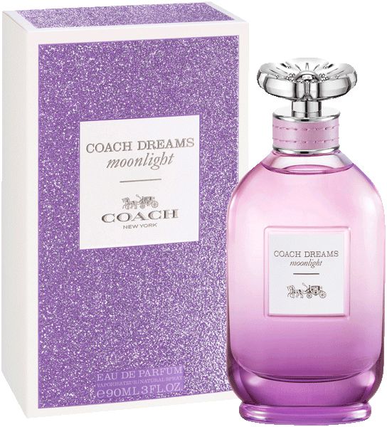 Flacone e scatola. Flacone rosa-viola, tappo argentato. Scatola glitterata, testo: Coach Dreams Moonlight.