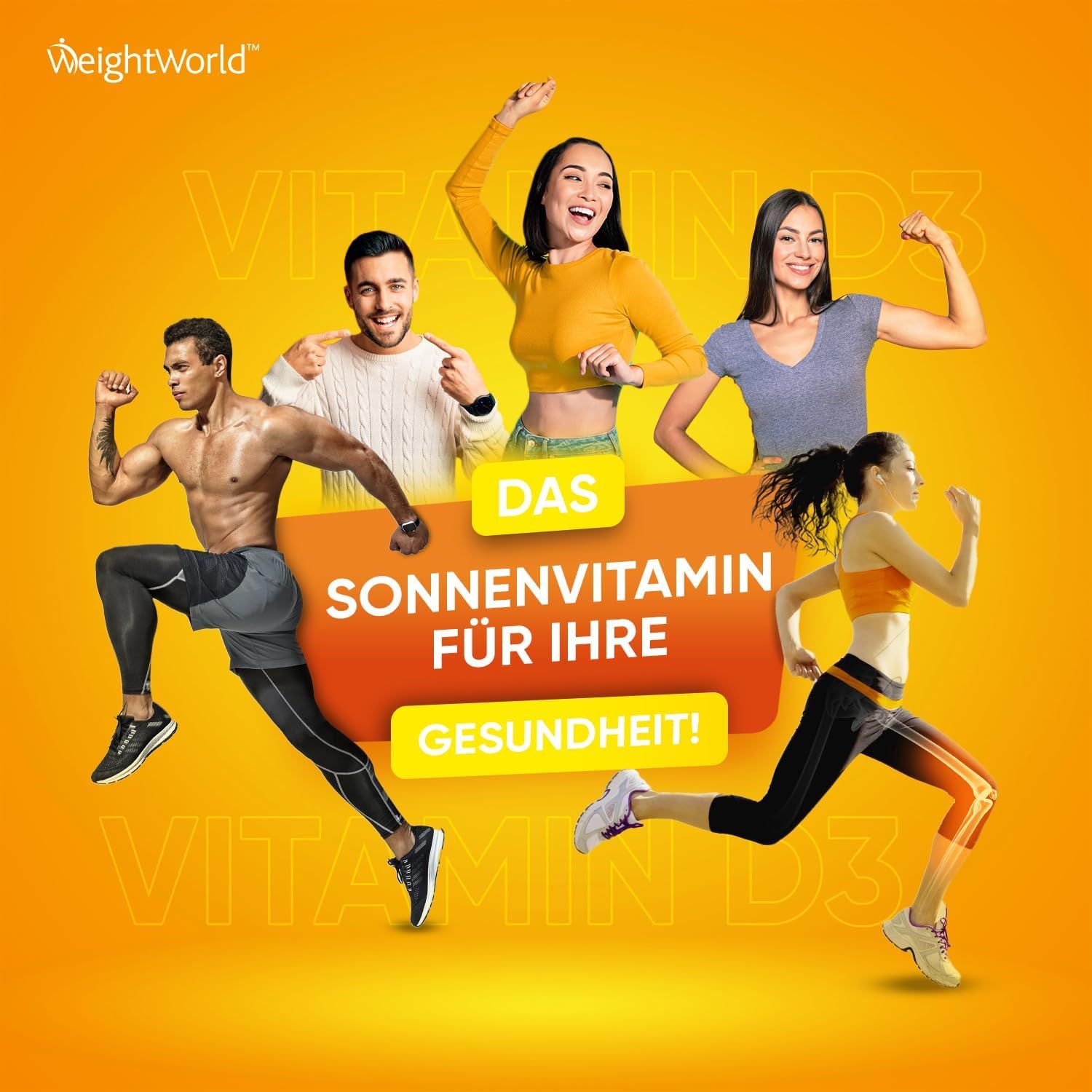 Persone in movimento. Testo: La vitamina del sole per la tua salute! Logo WeightWorld. Vitamina D3.