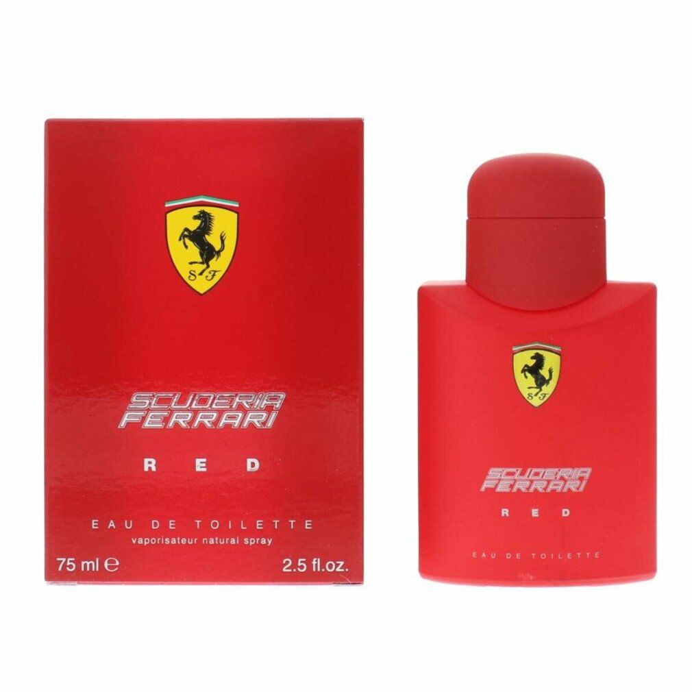 Flacone di profumo rosso e confezione. Flacone con tappo rosso e logo. Confezione con logo e scritta Scuderia Ferrari Red.