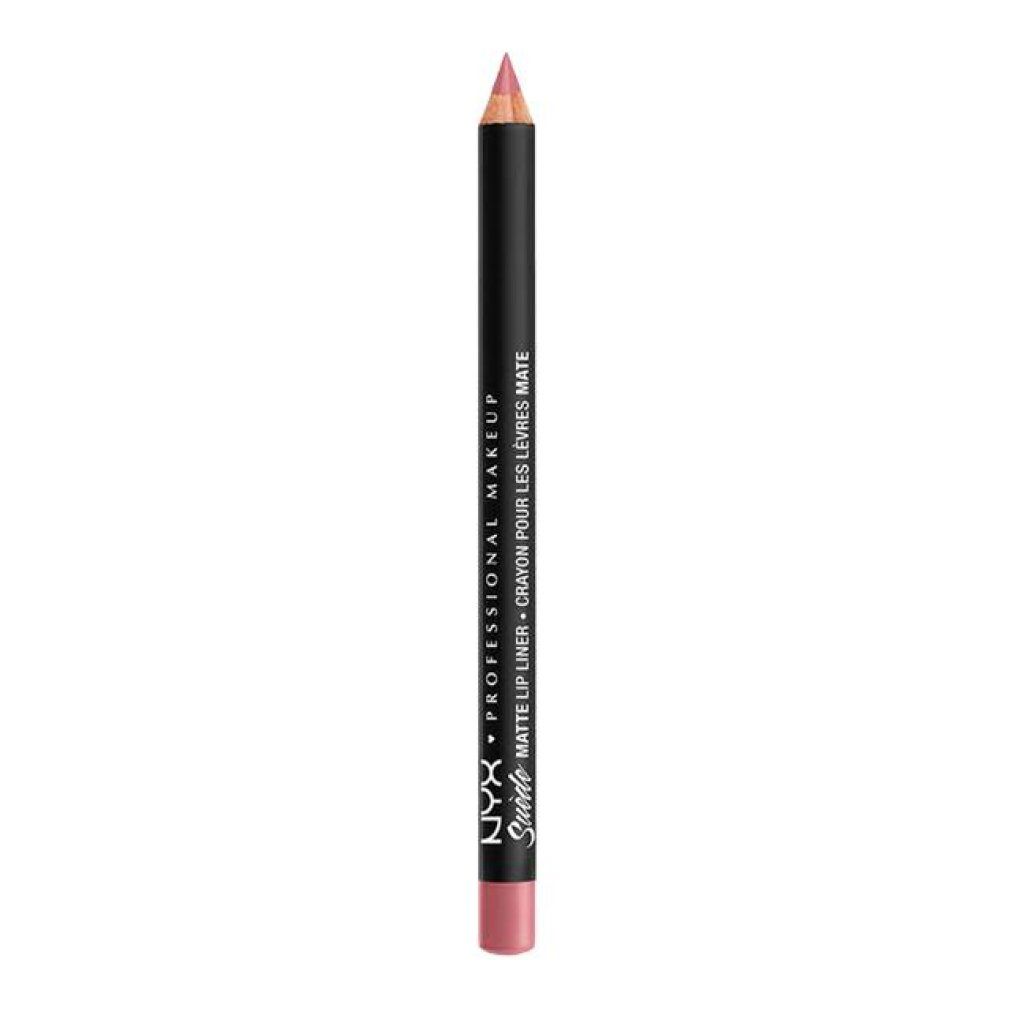 Matita labbra. Nera, punta rosa. Scritta: NYX PROFESSIONAL MAKEUP, SUEDE MATTE LIP LINER, CRAYON POUR LES LÈVRES MATE.