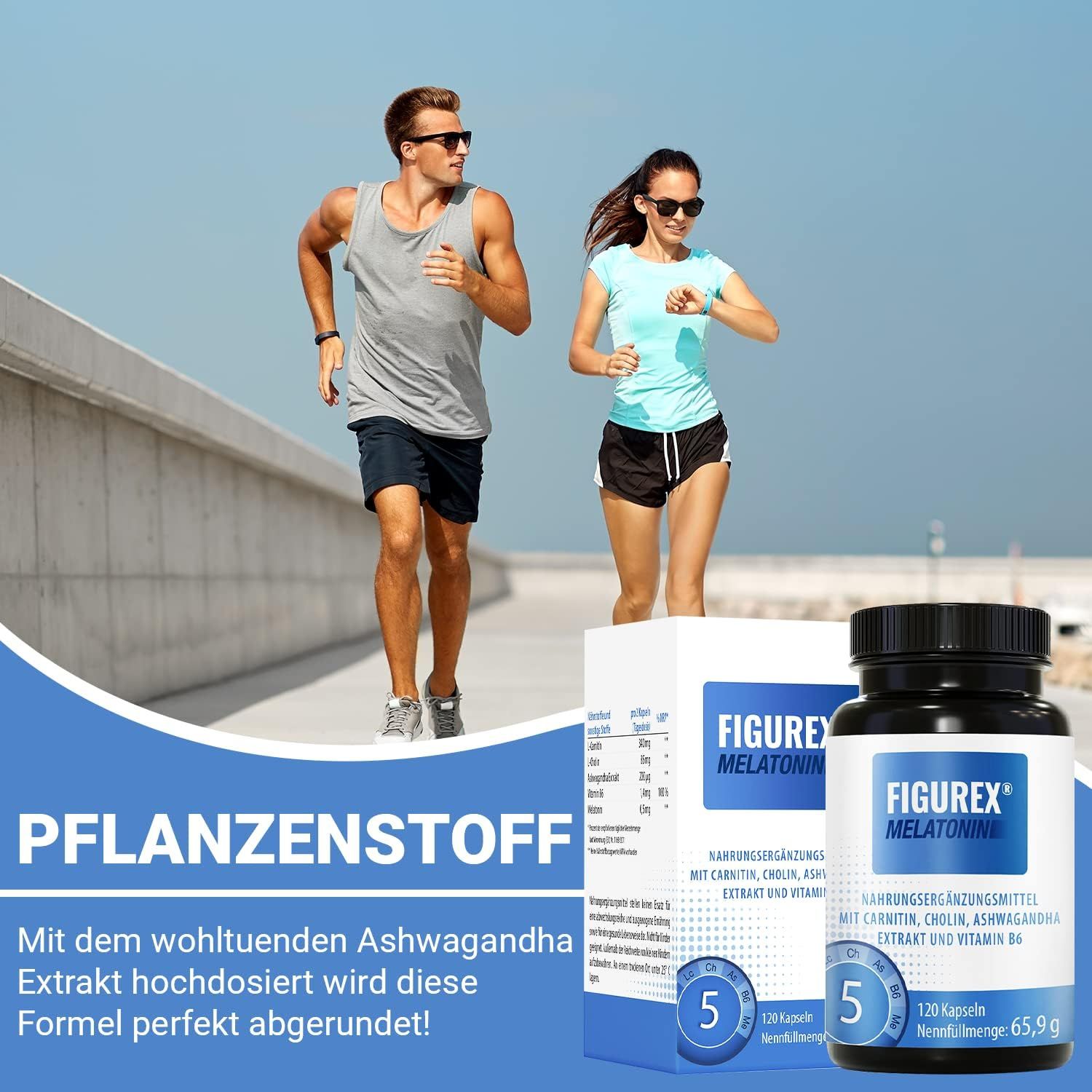 Due corridori davanti a un ponte. Confezione del prodotto: FIGUREX Melatonin. Flacone da 120 capsule e informazioni sugli ingredienti.