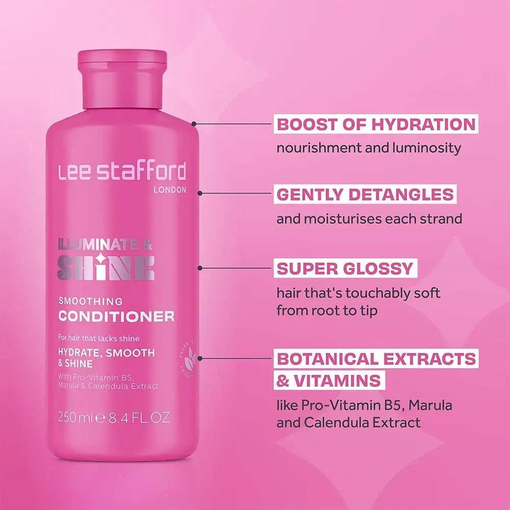 Una bottiglia rosa del balsamo Lee Stafford con caselle informative sui benefici.