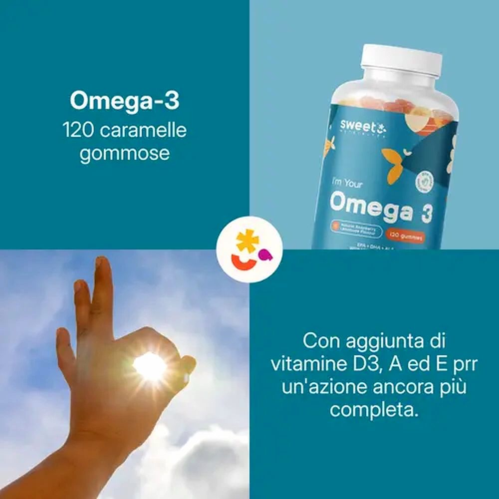 Flacone di caramelle gommose Omega-3. Testo: Omega-3, 120 caramelle. Mano forma cerchio. Con vitamine D3, A ed E.