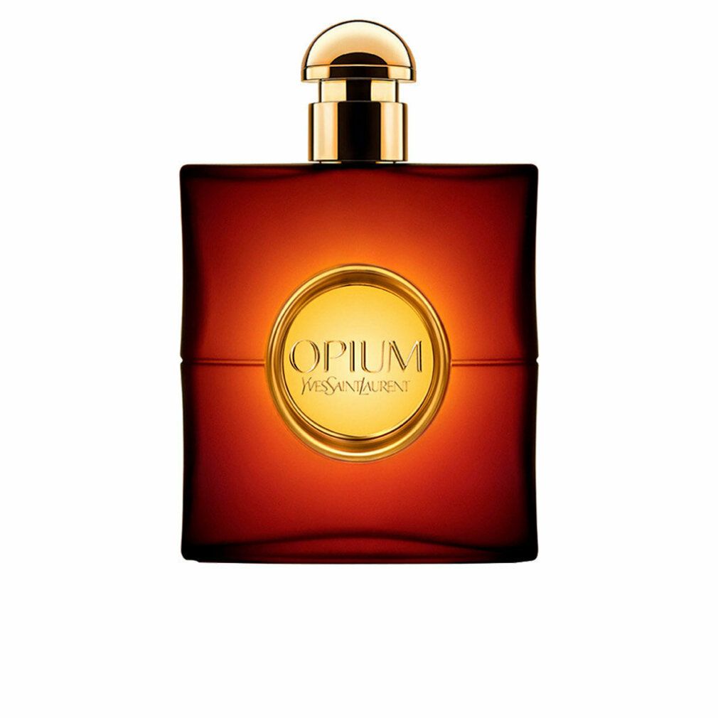 Flacone rosso scuro con tappo dorato. Sul flacone sono presenti le scritte "OPIUM" e "Yves Saint Laurent".