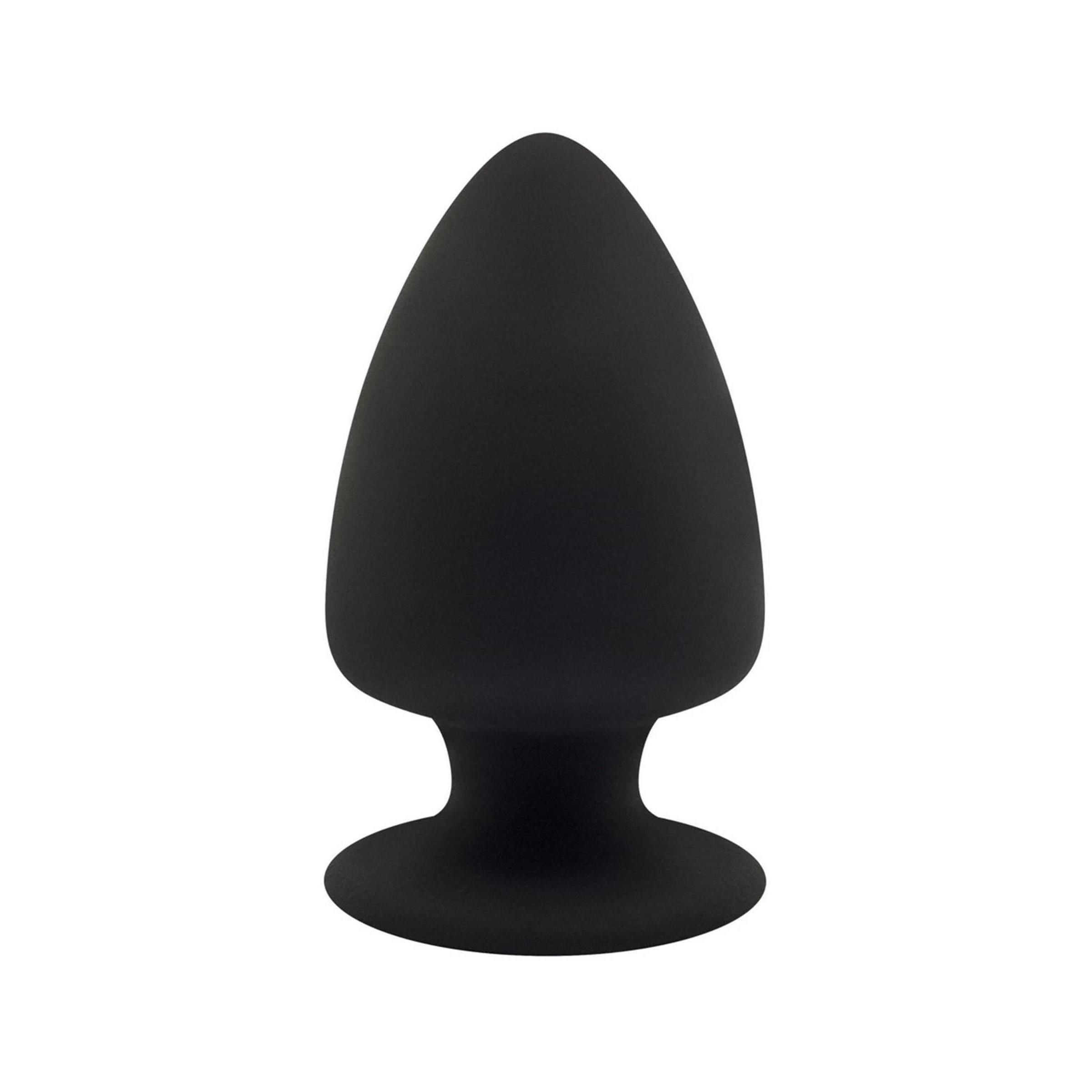 Plug in silicone nero. Forma conica. Base con bordo rotondo. Superficie liscia.